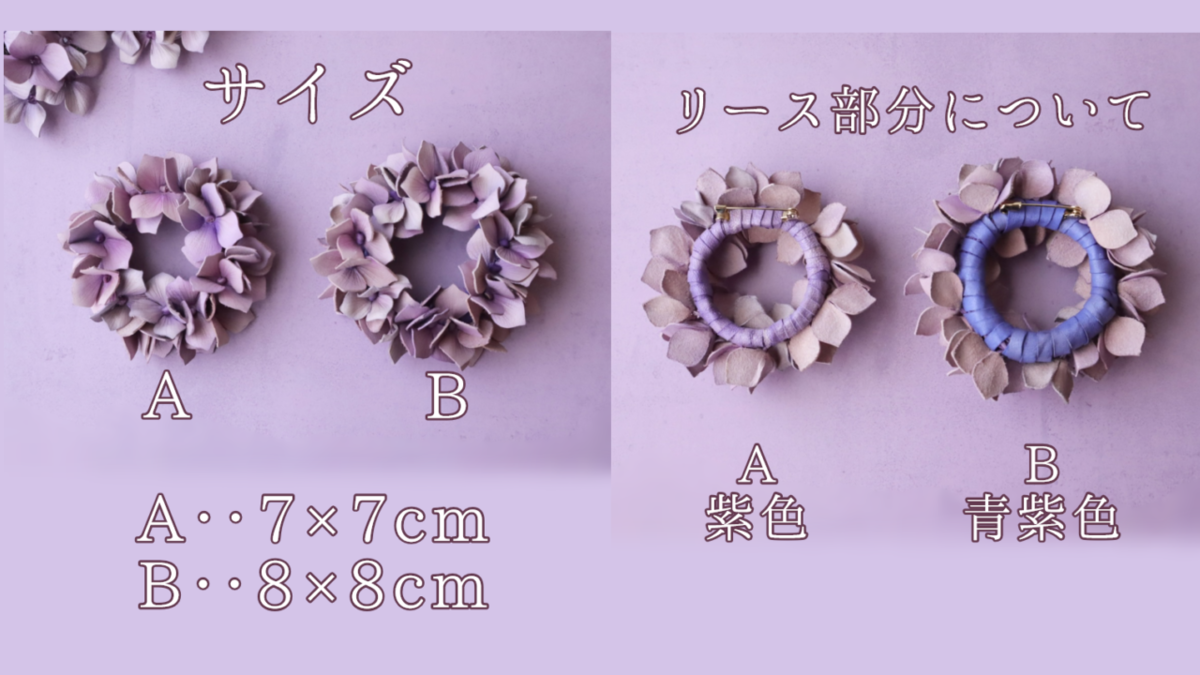 革で作られた紫陽花リースブローチの詳細を記した画像