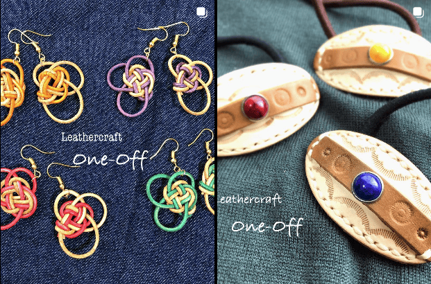 組紐をヒントに革ひもで編んで作られた花の形をしたピアスと、刻印された楕円の革のヘアゴム