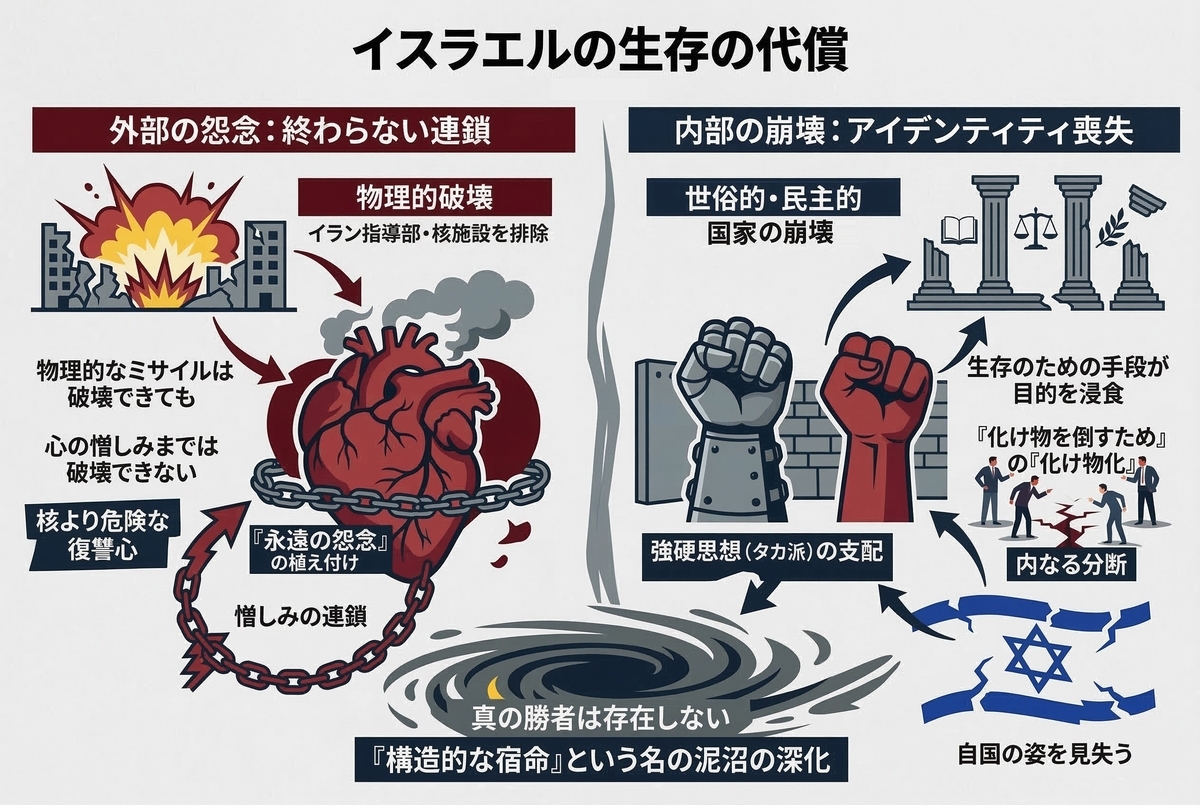 戦争の代償を描く図解。外部では「永遠の怨念」が連鎖し、内部では強硬思想により「民主的な国家」が崩壊 。自国の姿を見失い、泥沼化する深刻な状況を説明している 。