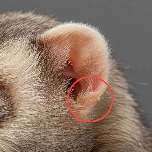 A realistic close-up image of a ferret’s ear, focusing on the outer lower edge of the pinna where a small notch-like fold called “Henry’s pocket” is located. The image shows the ear in detail, with short fur and natural coloration, highlighting the subtle indentation. The ferret’s head is turned slightly to the side to provide a clear view of the outer ear anatomy. The background is softly blurred to keep focus on the ear structure. The style is photorealistic and intended for veterinary anatomical reference.