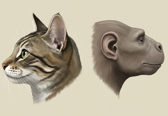 英語プロンプト:猫と祖先動物の耳の比較イメージ図(ラベルなし) Prompt: A conceptual side-by-side illustration of the external ears of a domestic cat and an early mammalian ancestor, showing general ear shape and structure. The image is an artistic, semi-realistic depiction intended to suggest evolutionary continuity. Henry’s pocket appears as a subtle notch in the cat’s ear, while the ancestral ear shows a more developed feature in the corresponding area. No text or labels. The background is neutral and clean. The style is soft, illustrative, and suitable as a conceptual visual for evolutionary biology.