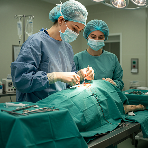 A veterinary surgeon in an operating room, wearing a surgical cap and mask, performing surgery on a medium-sized dog. The dog is lying on a table and is completely covered with a green sterile surgical drape that has a small window exposing only the surgical site. Only the dog’s hind legs and the small exposed area are visible. The veterinarian is focused, with a surgical assistant standing across the table. The atmosphere is professional and sterile, with realistic lighting and surgical instruments in the background.