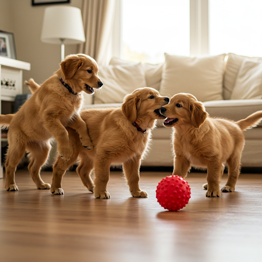 若いゴールデンレトリーバーが3頭室内で遊んでいる様子を画像