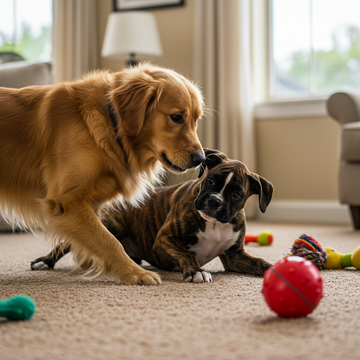 室内にいる生後半年くらいのゴールデンレトリーバーとボクサー犬の画像