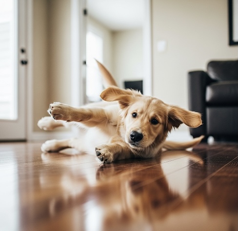 フローリングで滑る犬