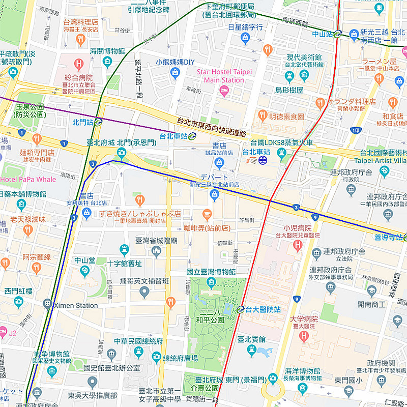 台北：二二八和平公園（MRT紅線、台大醫院站下車）