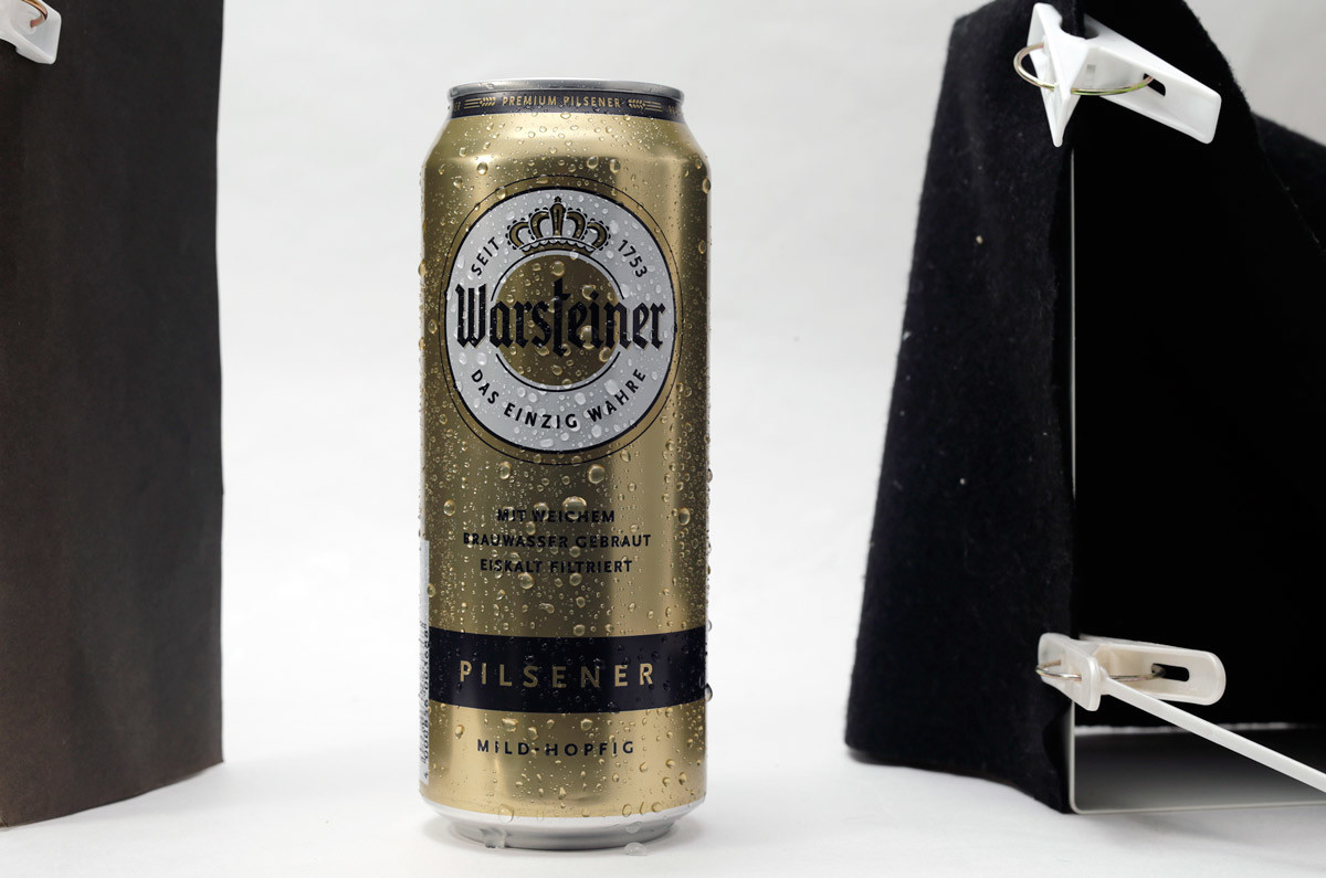水滴がうまそうな感じをだしてくれる。麦酒缶：Wasrsteiner（1753年、ピルスナータイプのビール、ドイツ北西地方）