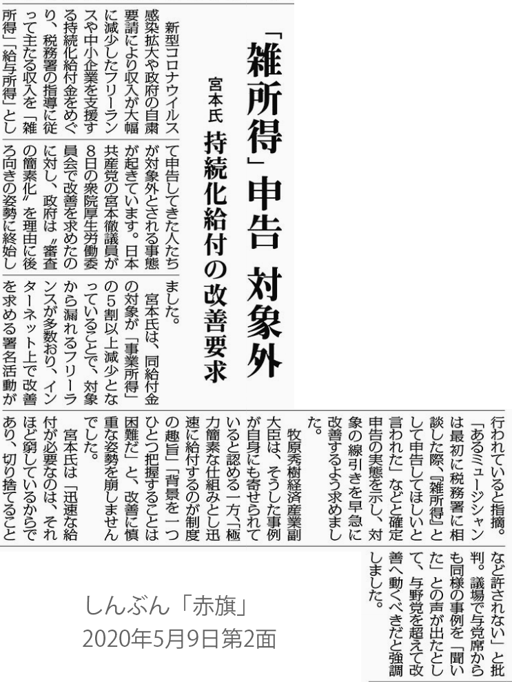 しんぶん「赤旗」 2020年5月9日第2面 雑所得、持続化給付金、コロナ対策