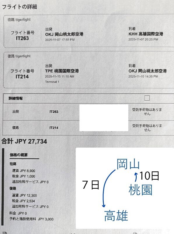 【タイガーエアーで、岡山&rarr;高雄、台北桃園&rarr;岡山の航空券確保】