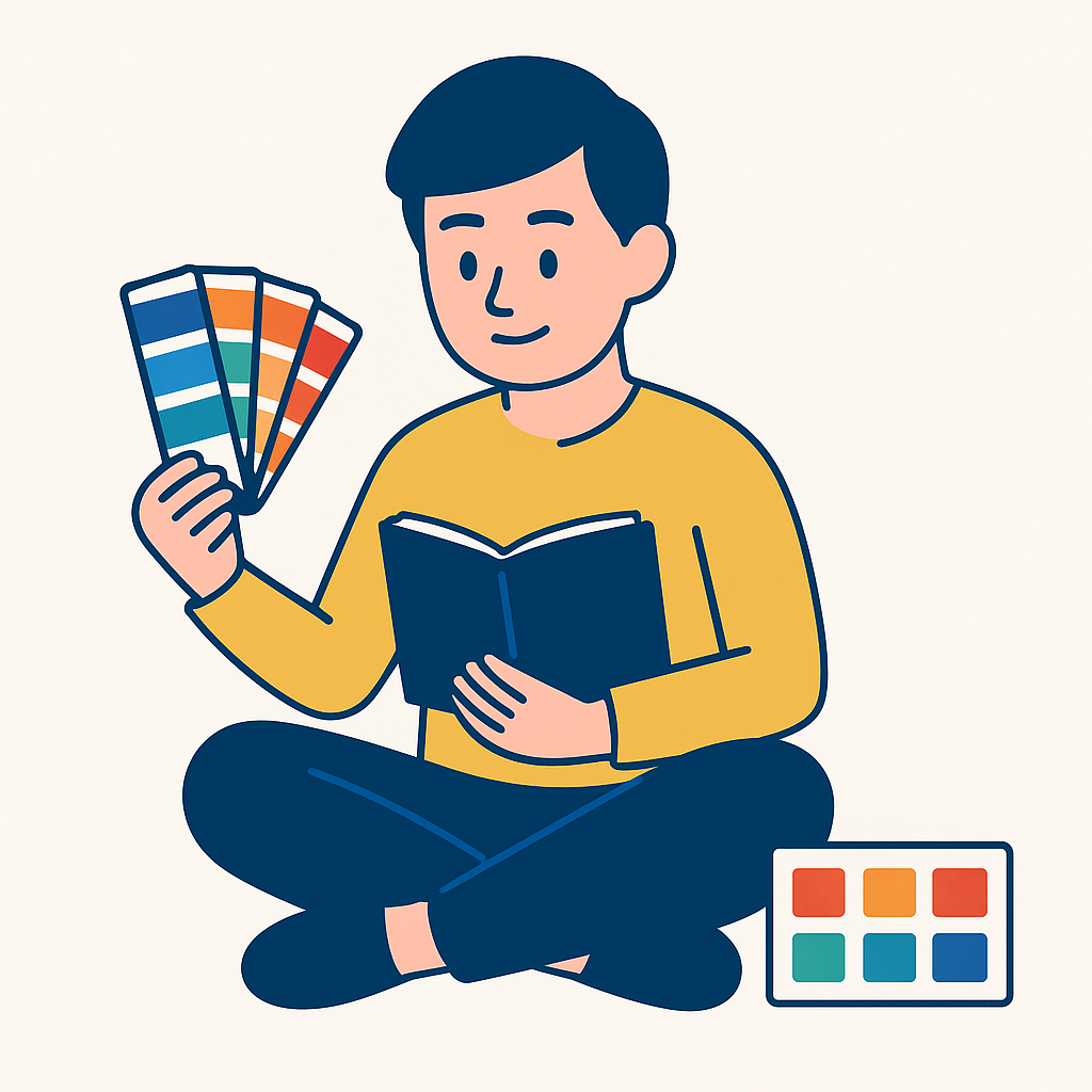 男性がカラーパレットを持ち、本を読みながら座っている。