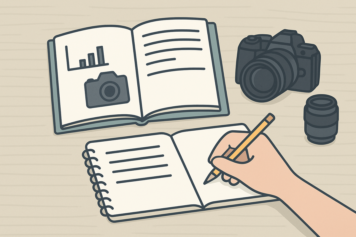 フォトマスター検定の勉強風景。机の上に開いたテキストとノート、鉛筆で書き込む手、横にはカメラ機材が置かれている。