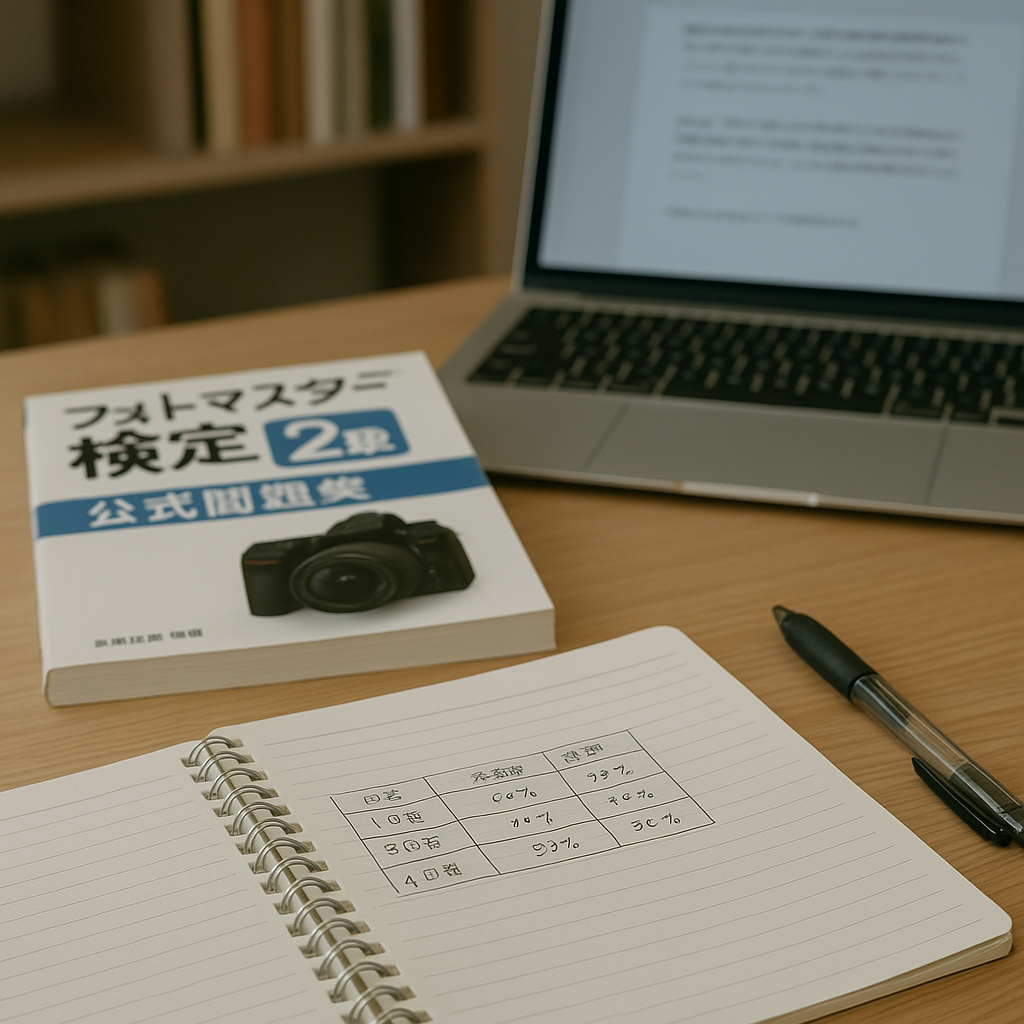フォトマスター検定2級の公式問題集とノート、ノートには過去問の正答率が手書きで記録されており、隣にペンとノートパソコンが置かれた静かな勉強風景