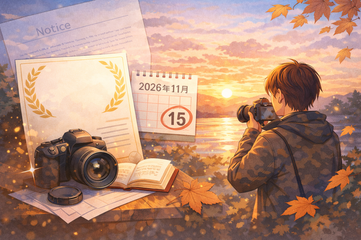 フォトマスター検定2級合格と検定休止をテーマにした、カメラと夕景を描いたイラスト風アイキャッチ画像