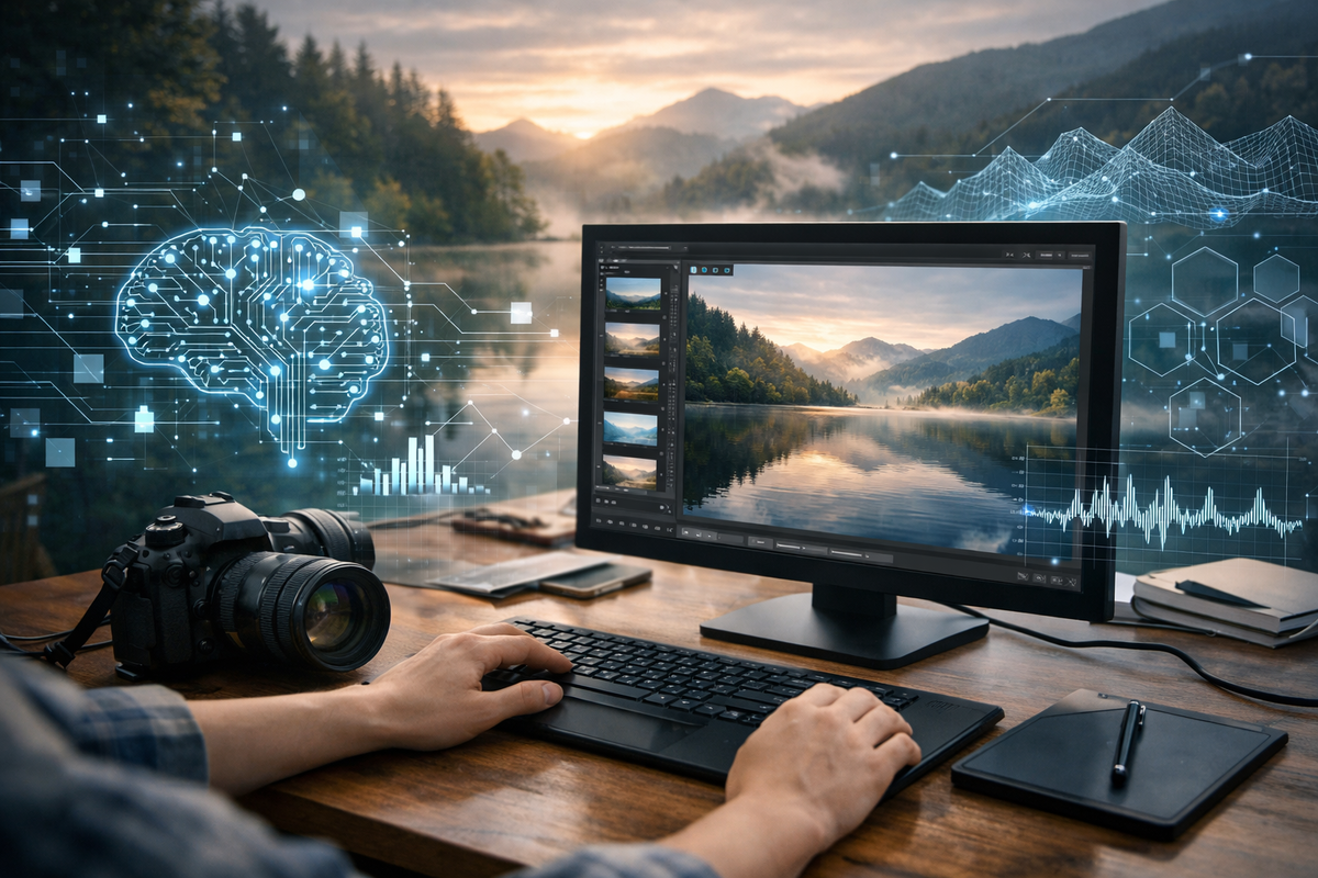 PCで風景写真を編集する作業机とカメラ、AIをイメージした光の回路が重なるアイキャッチ画像