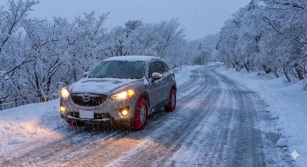 凍結した雪道で赤いスノーソックスを装着して走行する車。霧氷に囲まれたえびの高原へのアクセス道路