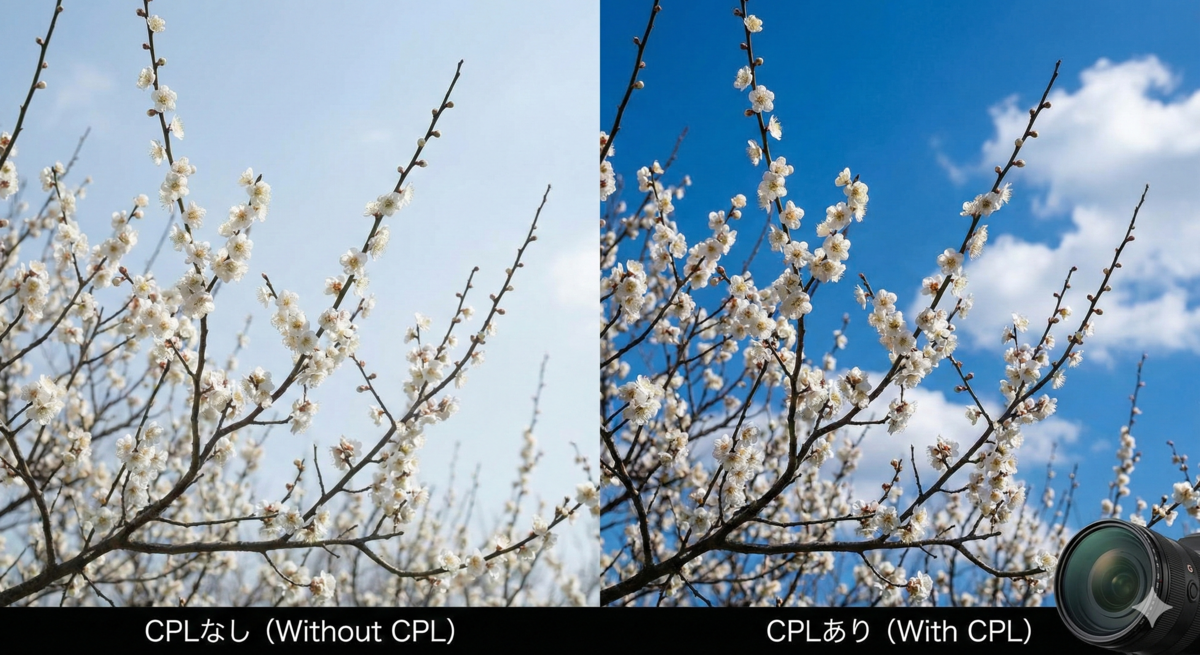 青空を背景にした白梅の比較写真。左側の「CPLなし」は空が白っぽく写っているのに対し、右側の「CPLあり」は偏光フィルターの効果で空が深く鮮やかな青色になり、雲や花とのコントラストがくっきりと強調されている様子を示す。