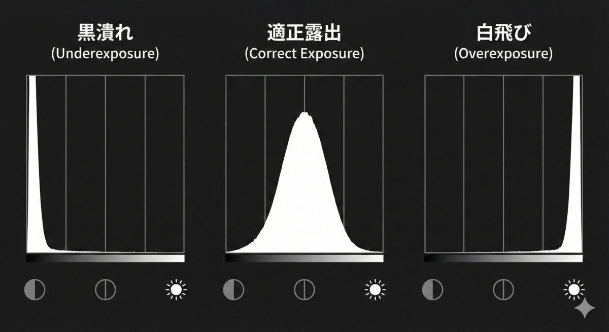 ヒストグラムの3パターン比較図。左から「黒潰れ（山が左端に張り付き）」「適正露出（山が中央に分布）」「白飛び（山が右端に張り付き）」のグラフを並べて解説している図。