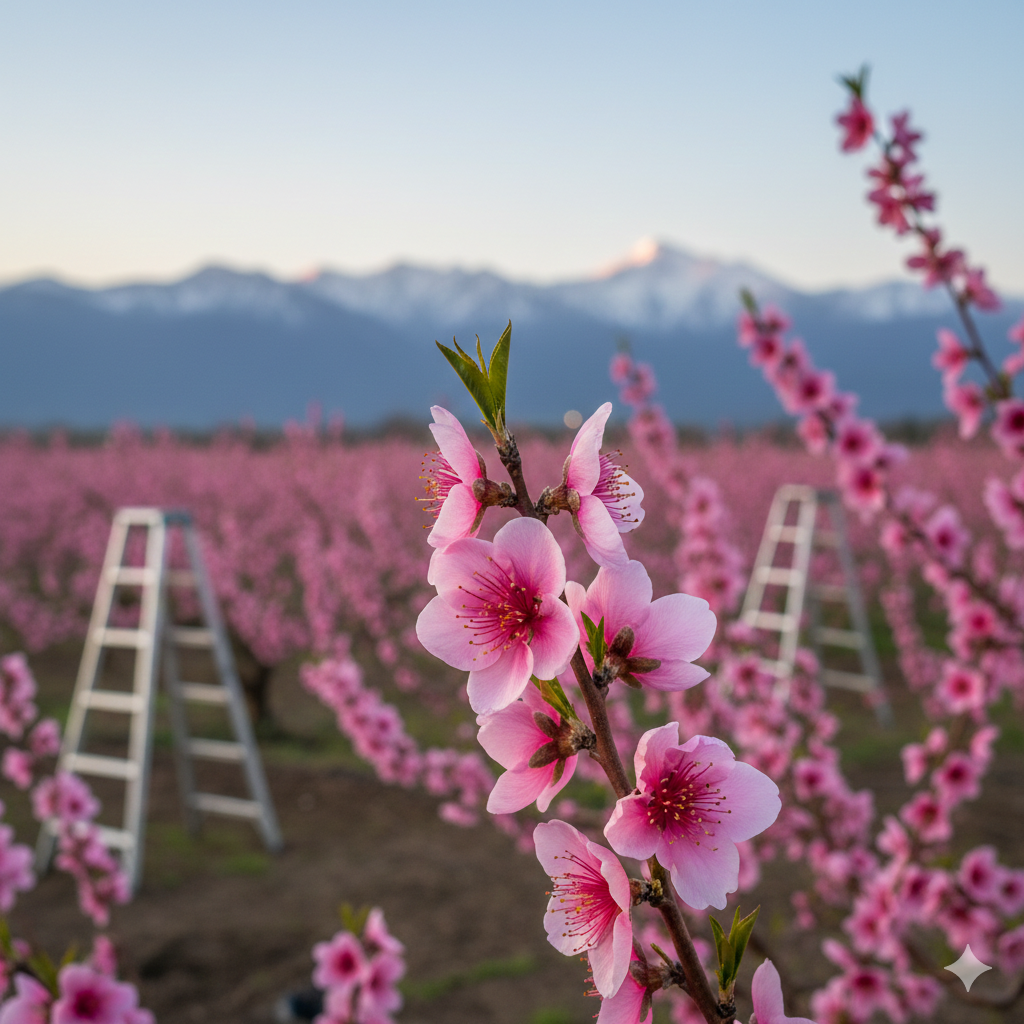 密集する桃の花の中から一輪にピントを合わせたクローズアップ。背景にボケた梯子と山々を配し、主役のしべの張りを強調した構図。