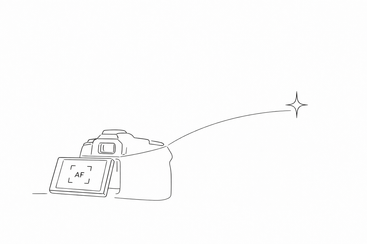 星空オートフォーカスで星に合焦するカメラの仕組みを示した線画イラスト