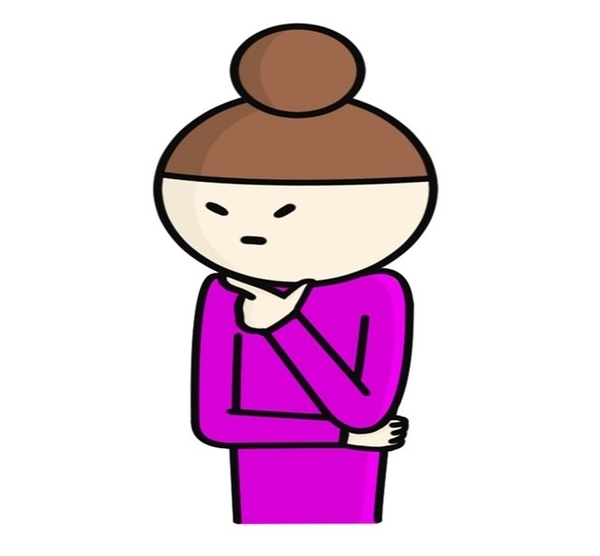 女の人があごに手をあて考えるイラスト