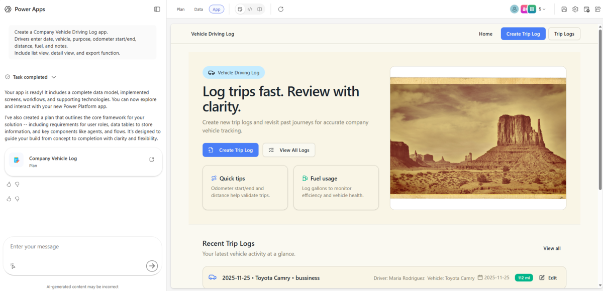 短いプロンプトで生成されたアプリの画面