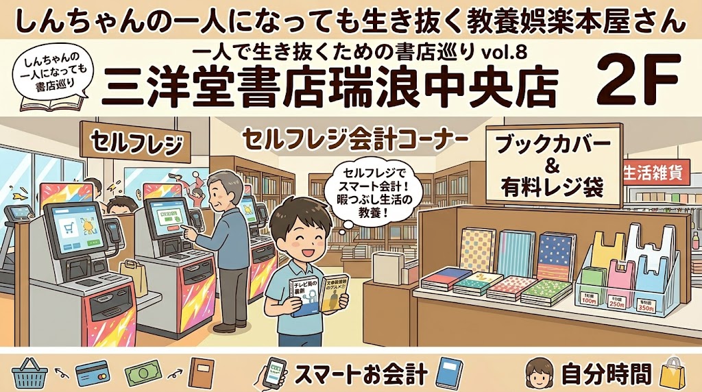 岐阜県瑞浪市　岐阜県　瑞浪市　三洋堂書店瑞浪中央店　三洋堂書店　瑞浪中央店　一人で生き抜く　セルフレジ　ふるほんコーナー　100円ショップ　カバー　有料レジ袋　イメージ画像　AI