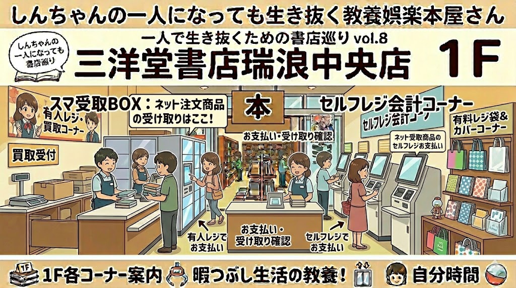 三洋堂書店瑞浪中央店　三洋堂書店　瑞浪中央店　岐阜県瑞浪市　岐阜県　瑞浪市　ネット　一人で生き抜く　スマ受取BOX　セルフレジ　有人レジ　買取コーナー　イメージ画像　AI