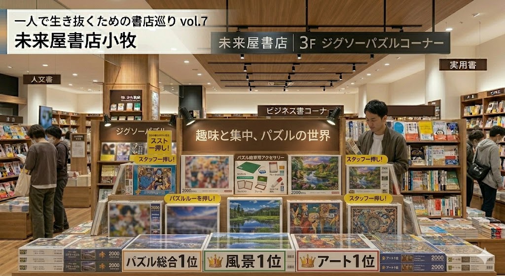 未来屋書店　小牧店　イオン小牧　愛知県小牧市　ジグソーパズル　コーナー　書店　本屋さん　一人で生き抜く　書評記事　書評ブログ