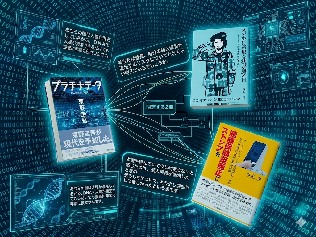 東野圭吾　プラチナデータ　文学　表紙　秋嶋亮　スマホに召集令状が届く日　社会　黒田充　健康保険証廃止にストップを　マイナンバーカード　Gemini