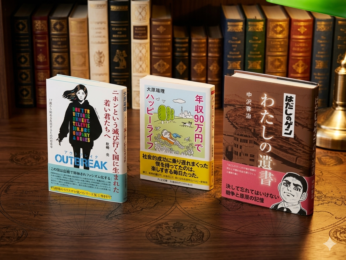秋嶋亮　二ホンという滅び行く国に生まれた若い君たちへ　社会　表紙　大原扁理　年収90万でハッピーライフ　生活　中沢啓治　はだしのゲンわたしの遺書　歴史