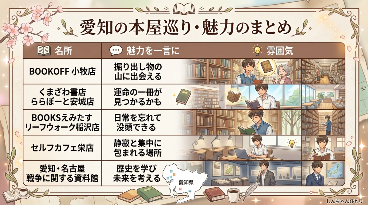 愛知県　名所　紹介　Gemini　AI　本屋巡り　くまざわ書店　BOOKOFF　お宝市番館　一人で生き抜く　小牧市　稲沢市　安城市　名古屋市　セルフカフェ栄店