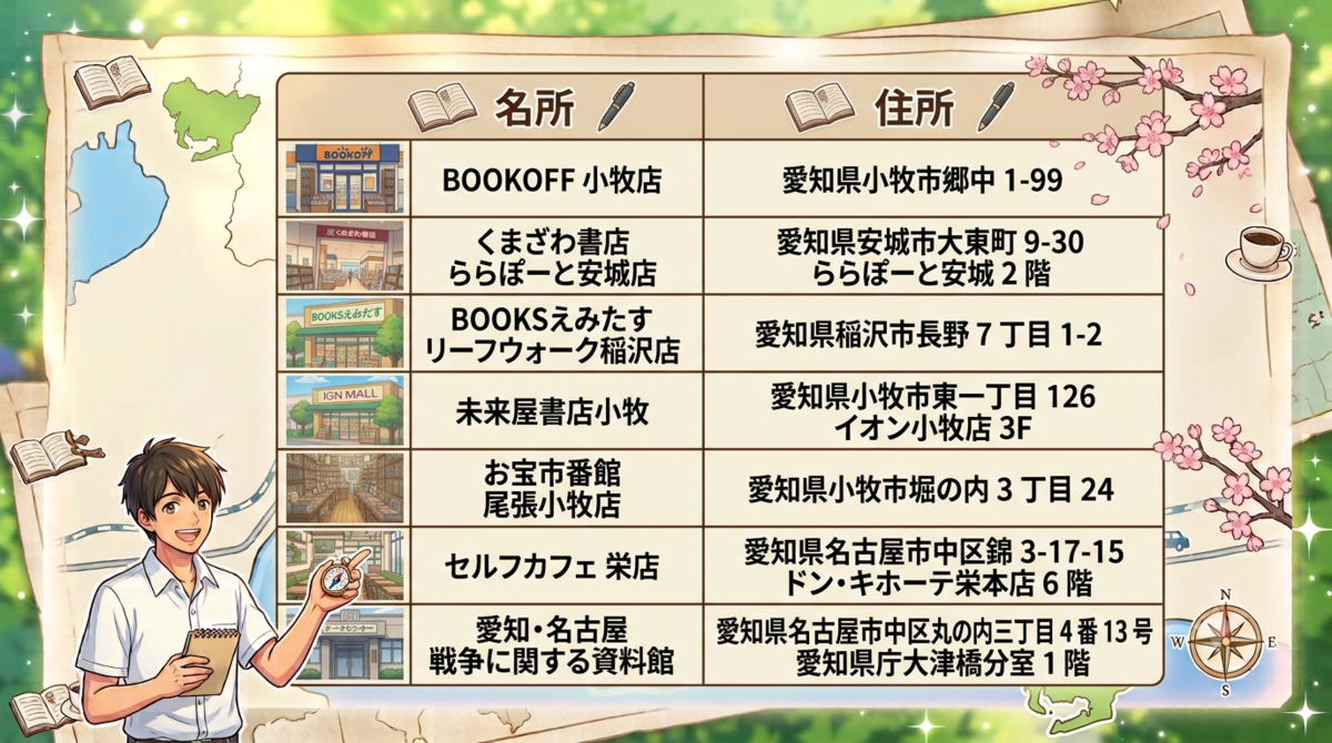愛知県　名所　紹介　Gemini　AI　本屋巡り　くまざわ書店　BOOKOFF　お宝市番館　一人で生き抜く　小牧市　稲沢市　安城市　名古屋市　セルフカフェ栄店