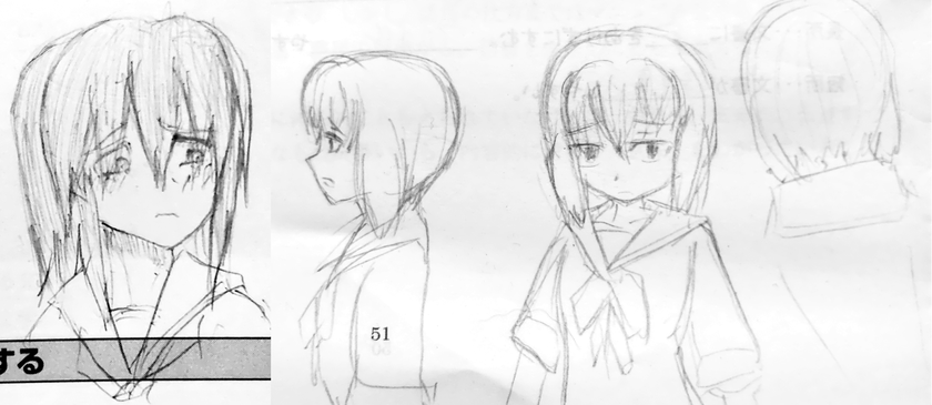 2011年11～12月頃の授業中に教科書にらくがきした、「遠ざかる世界」の後輩のイメージラフ