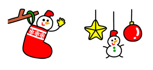 クリスマスの靴下に入ったり、オーナメントに扮した雪だるまのLINEスタンプ