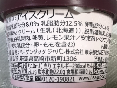 新作ハーゲンダッツ期間限定の白桃の原材料名とカロリーのパッケージ写真