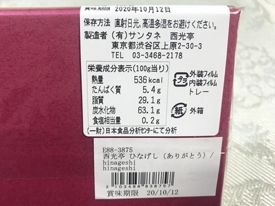 西光亭のリスのイラスト箱のくるみのクッキーの栄養成分表示