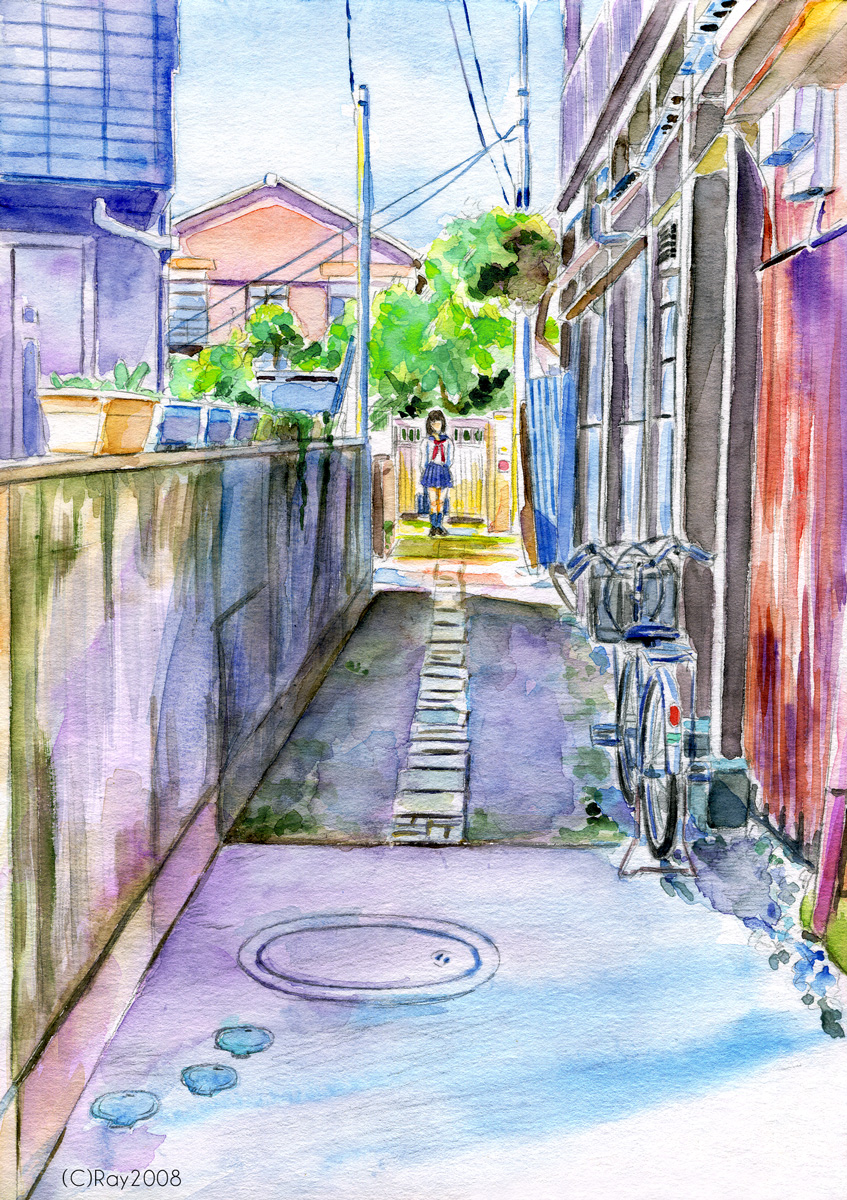 水彩画　昭和レトロ場末スナックの路地 こっちだよ - PLEOCENE