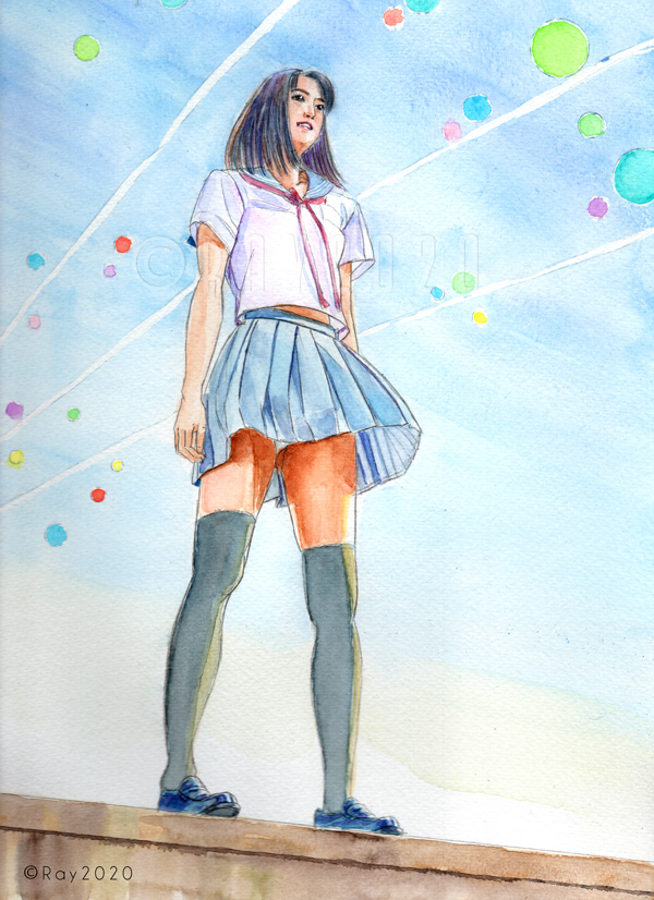 高いところに立っている女子高生