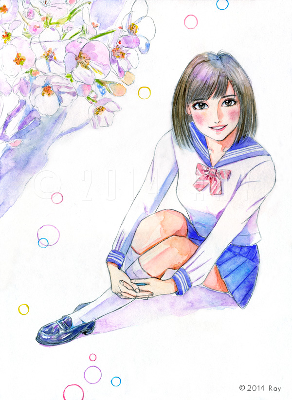 桜とセーラー服の少女