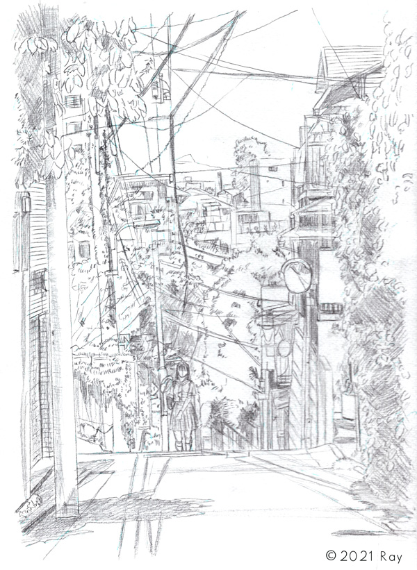 路地裏の坂道 鉛筆下描き