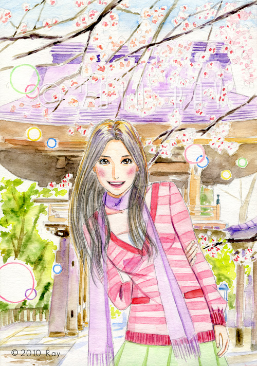 お寺の門と桜と女性