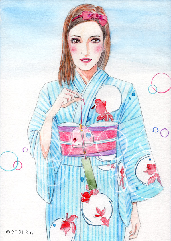 風鈴を持つ浴衣姿の女性