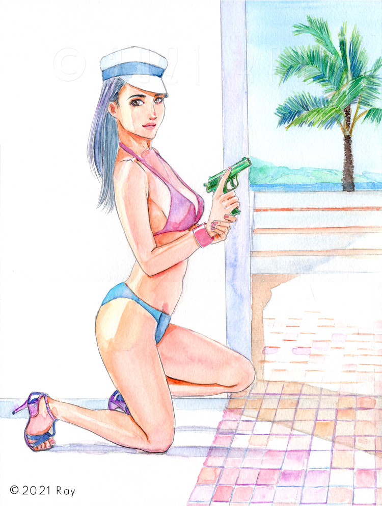 水鉄砲を構える水着の女性