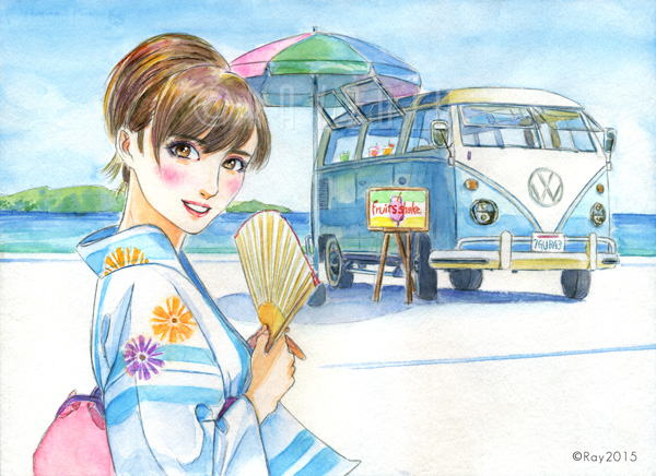 夏の海辺と浴衣姿の女性とワーゲンバス