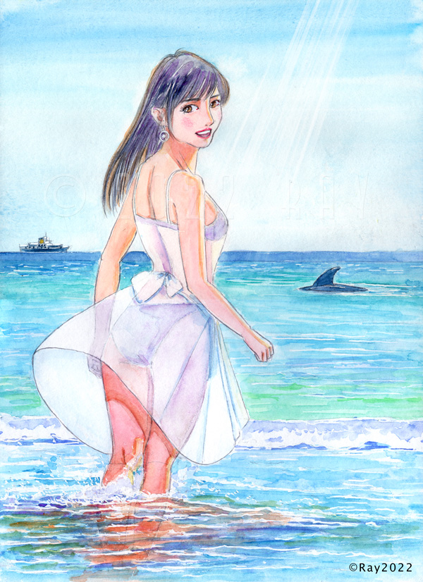 夏の海ではしゃぐワンピース姿の女性