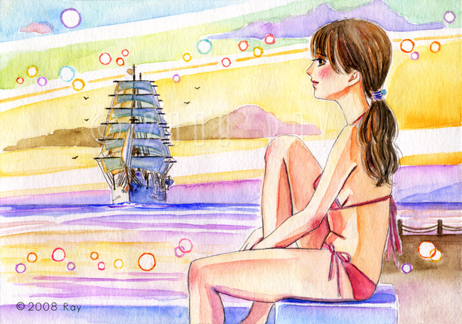 夏の夕暮れの海と帆船と少女
