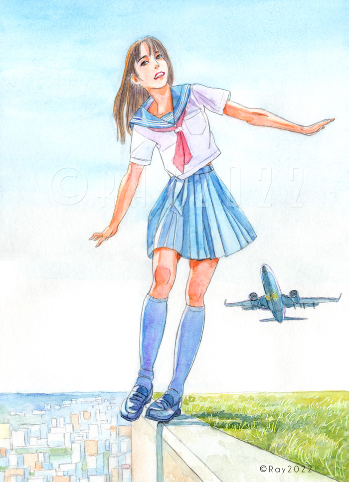 飛行機のポーズをする女子高生