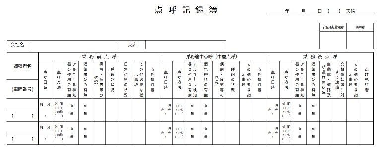 点呼記録簿の例