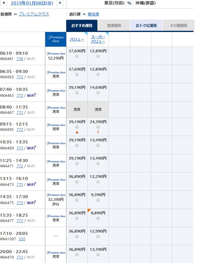 羽田沖縄 2019年年始 ANA 運賃一覧