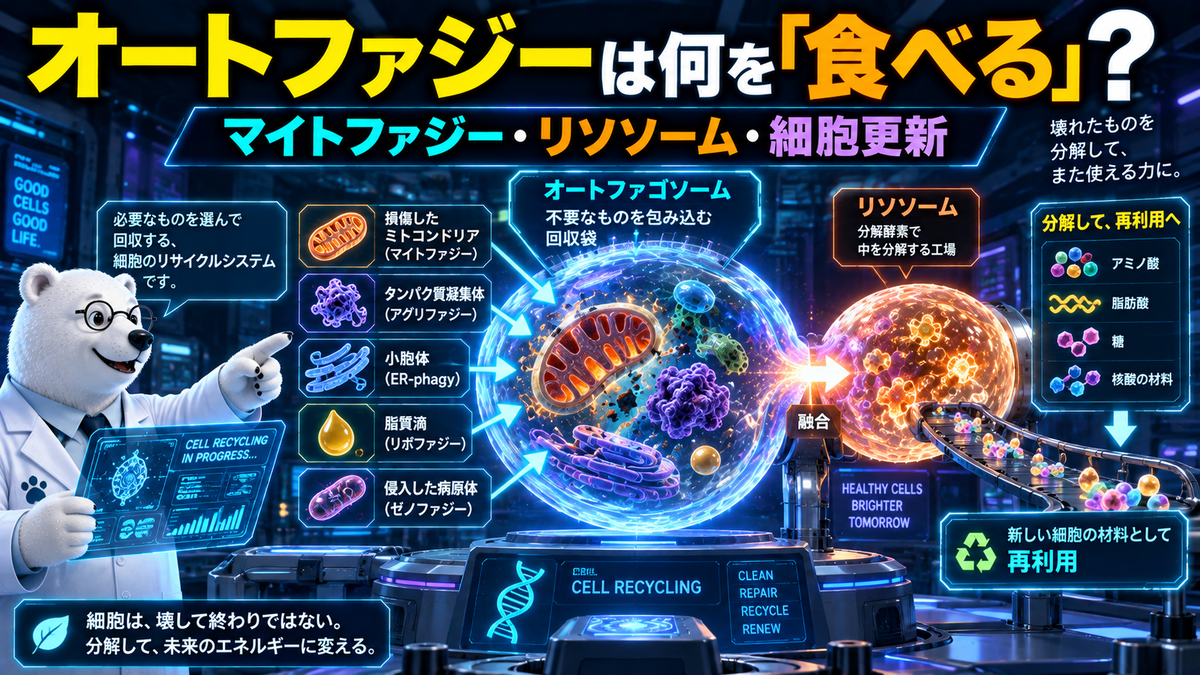 オートファゴソーム、リソソーム、マイトファジーによる細胞内リサイクルを示した科学イラスト